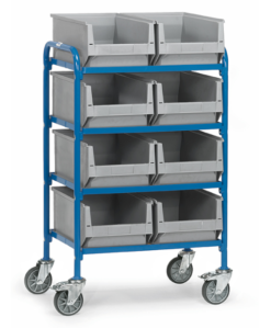 fetra® Beistellwagen mit 4 Böden aus Holz, 8 Sichtlagerkästen, 630 x 470mm Nutzfläche