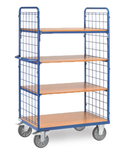 fetra® Etagenwagen mit 4 Etagen, Drahtgitterstirnwänden, 600kg Tragkraft und bis zu 1200 x 800mm Ladefläche